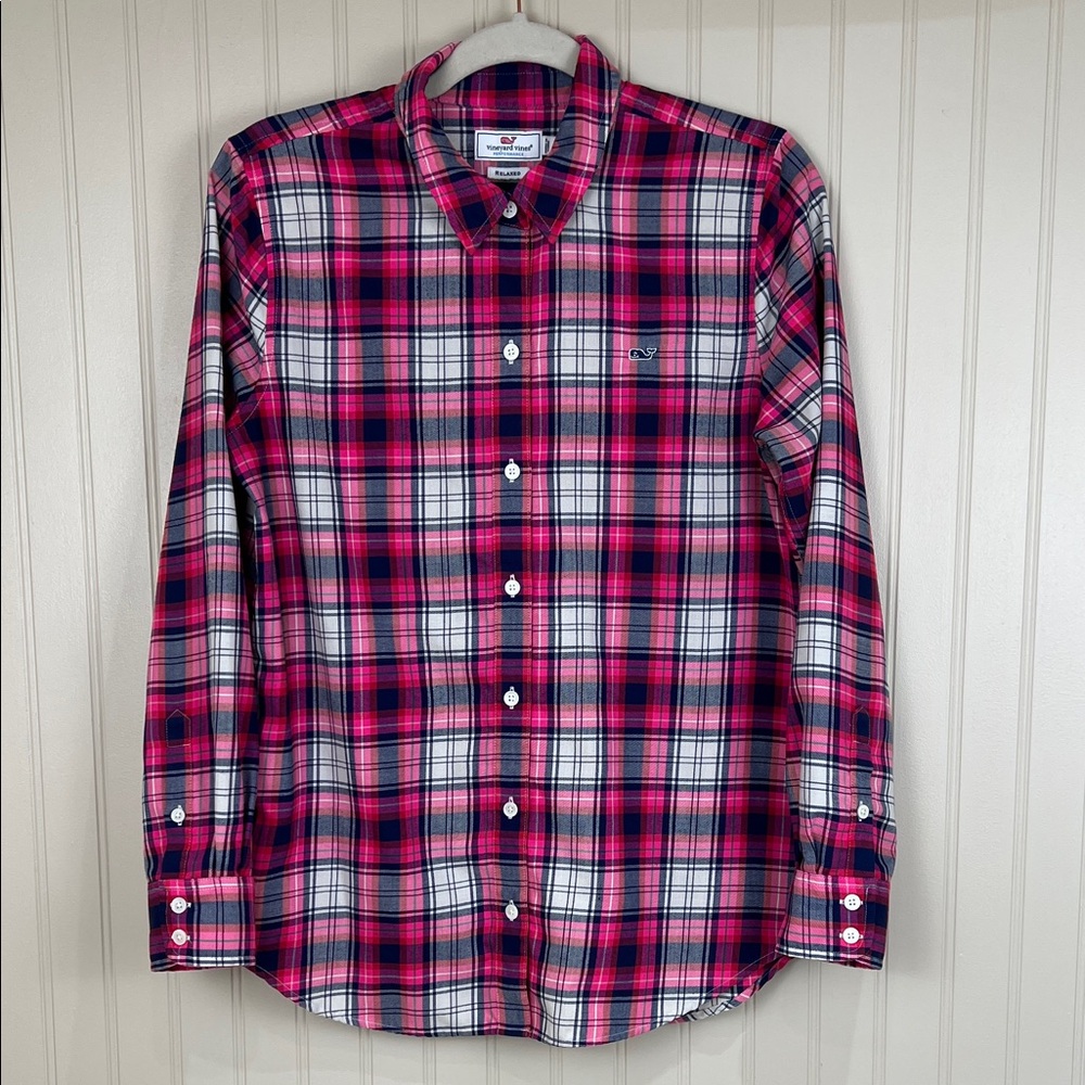 Vineyard Vines Women’s Performance Relaxed Fit Pink Plaid Button down Size 4